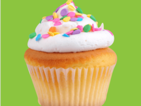 Vanilla cupcake with vanilla frosting and rainbow circle sprinkles on a bright green background