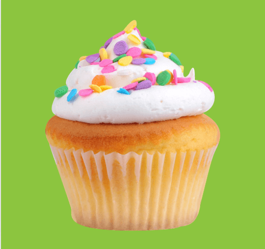Vanilla cupcake with vanilla frosting and rainbow circle sprinkles on a bright green background