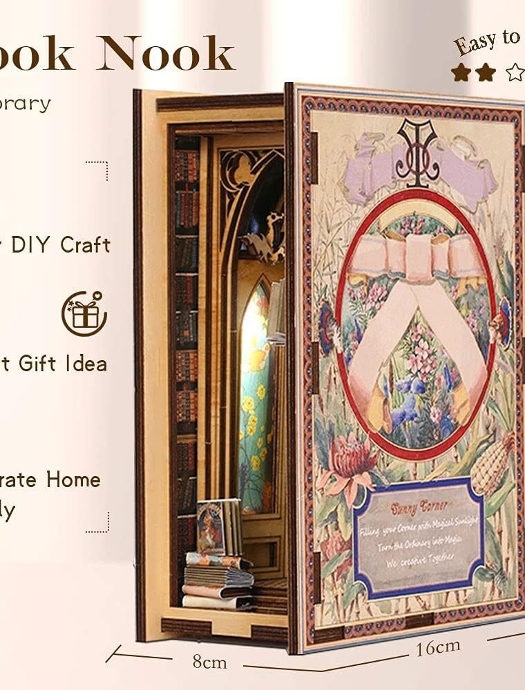 Fsolis Book Nook Kit, DIY Booknook Miniature House Kit for Adult Decorative Bookend Bookshelf Decor 3D Wooden Puzzle Art Craft Model Gift for Women Men Teens Book Lovers (Eif Library) - Image 2