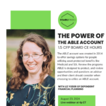 Picture of a white woman in glasses smiling at the camera wearing a green, blue and yellow floral shirt. Text reads: "(DISABILIFINANCE LOGO) THE POWER OF THE ABLE ACCOUNT 1.5 CFP BOARD CE HOURS The ABLE account was created in 2014 to offer savings options for people utilizing asset protected benefits like Medicaid and SSI. Review the programs ABLE is designed to protect, and review opportunities and questions an advisor and their client should consider when choosing to utilize an ABLE account. WITH lIZ yODER OF DEPENDENT FINANCIAL PLANNING August 23, 2024 Live webinar at 4p ET"