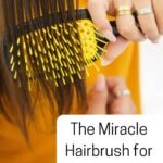 Woman brushing her hair with an UNbrush. Text reads "The Miracle Hairbrush for Autistic Kids femmefrugality.com"