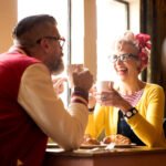 older couple on first date drinking coffee