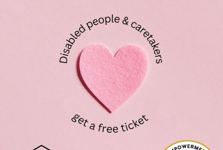 Felt pink heart on a pink background with the DISABILIFINANCE and Plutus Foundation logos. Text reads "Disabled people & caretakers get a free ticket Courtesy of The Plutus Foundation"