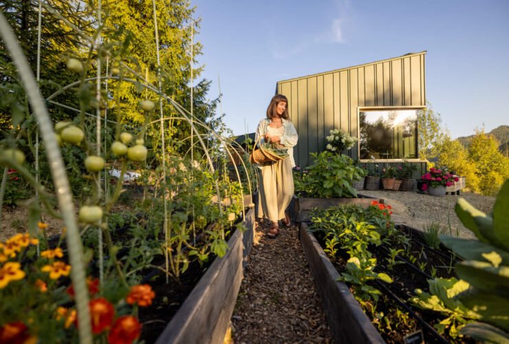 A woman is seen walking through a garden with raised beds. There appear to be tomatoes growing.