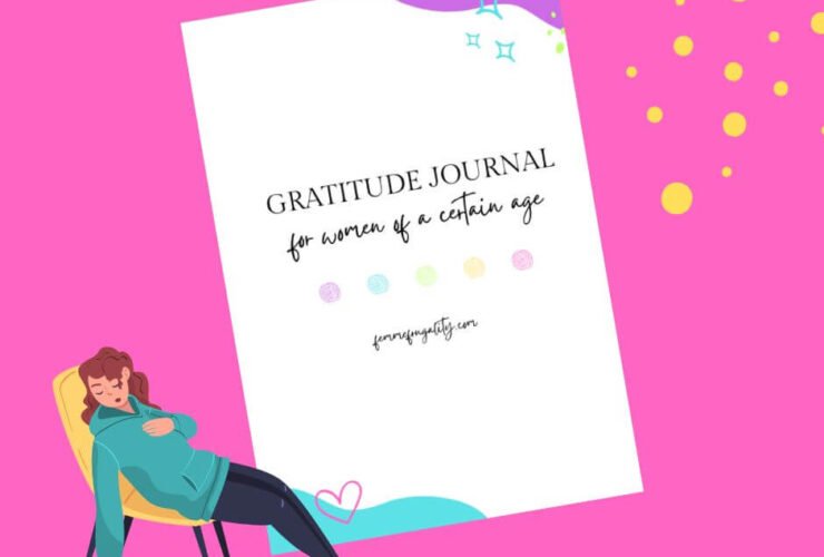 cartoon of a tired woman sprawled out sleeping on a chair. Image of a Gratitude Journal for Women of a Certain Age femmefrugality.com