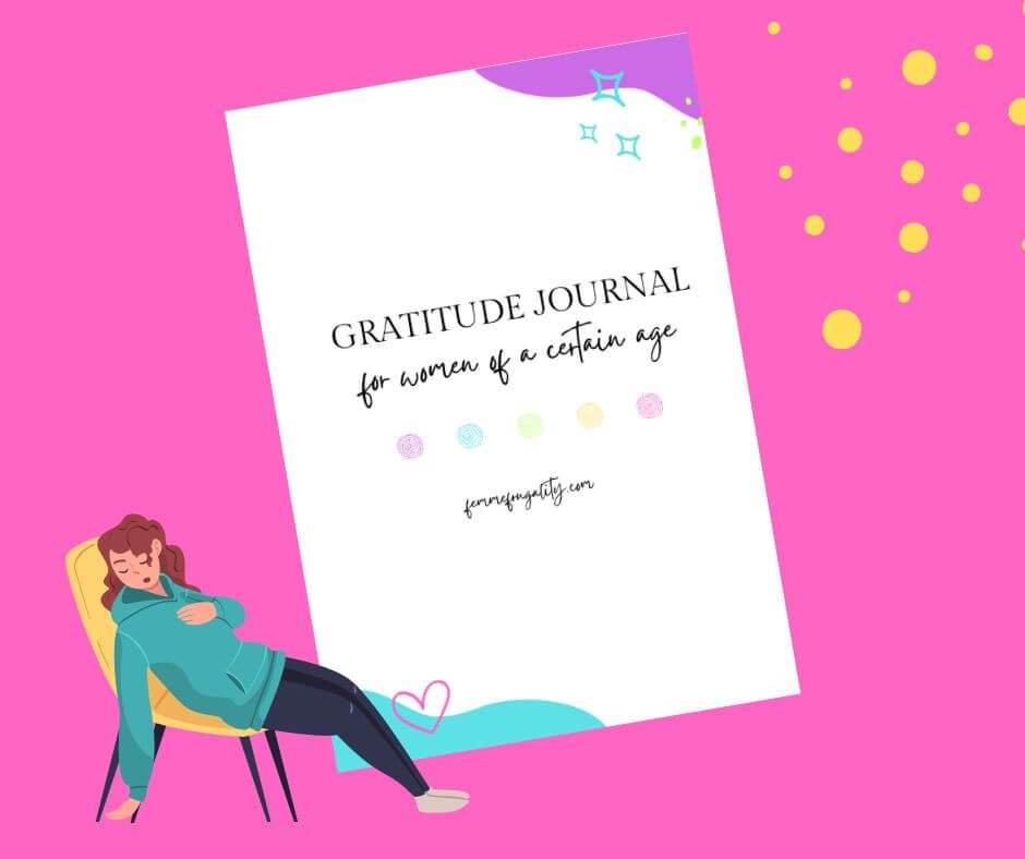 cartoon of a tired woman sprawled out sleeping on a chair. Image of a Gratitude Journal for Women of a Certain Age femmefrugality.com