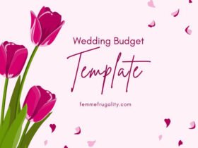 Dark pink tulips and petals on a light pink background. Text reads "Wedding Budget Template FemmeFrugality.com"