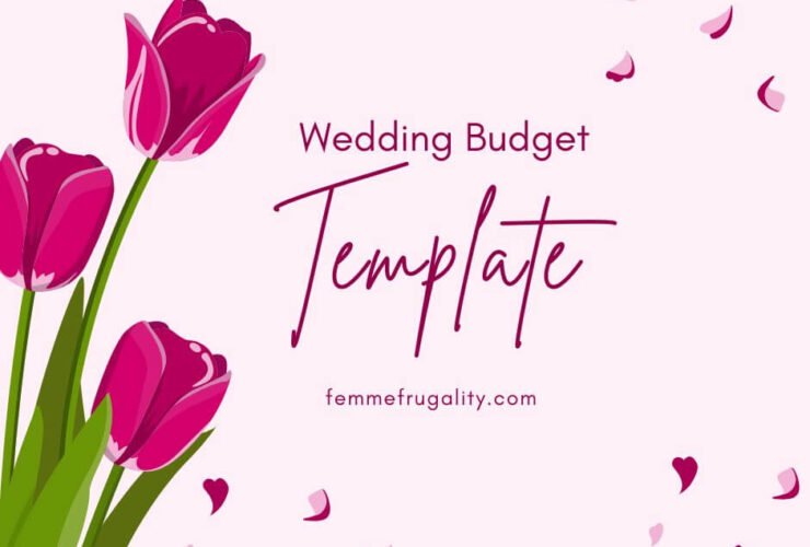 Dark pink tulips and petals on a light pink background. Text reads "Wedding Budget Template FemmeFrugality.com"