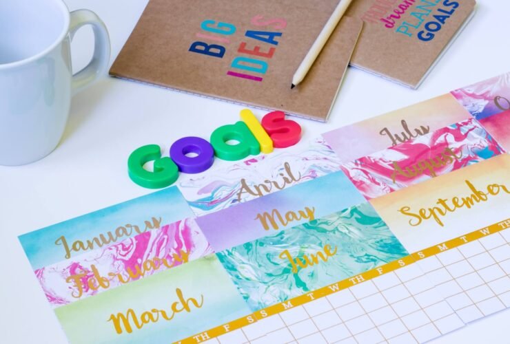 A colorful calendar with goals laid out for the New Year